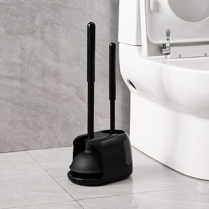 Eyliden Toilet Plunger and Brush Set, 2-in-1 Compact Holder | Unclogs Toilets, Deep Cleans Bowls, Nylon Bristles, Rubber Cup, Durable Plastic Caddy, Space-Saver, Bathroom Cleaning Tools