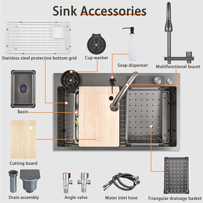 34 x 19.7 Inch Black-Grey Stainless Steel Waterfall Kitchen Sink, Multifunctional Single Bowl Modern Kitchen Sink with Pull-Out Spray Faucet, Cup Washer, and Accessory