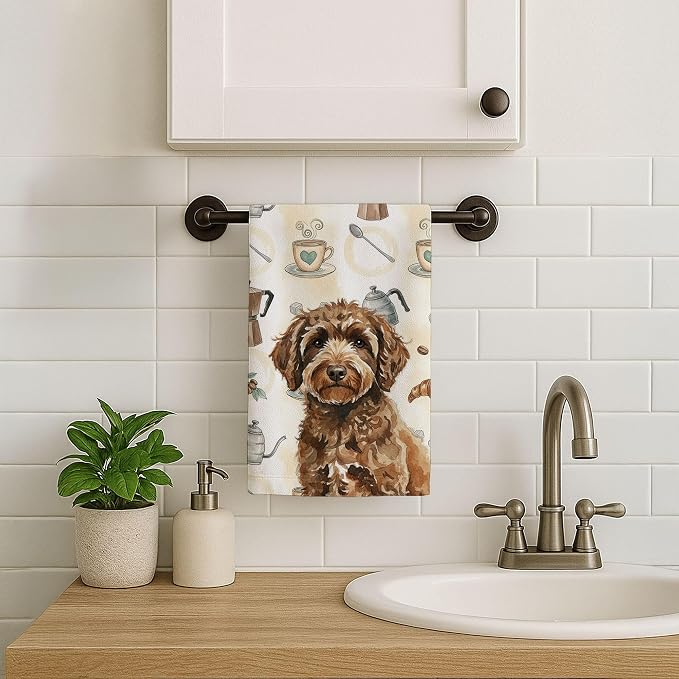 Caroline's Treasures Spanish Water Dog Coffee Bar Kitchen Towel Velour Plush Front and Cotton Loop Back Machine Washable