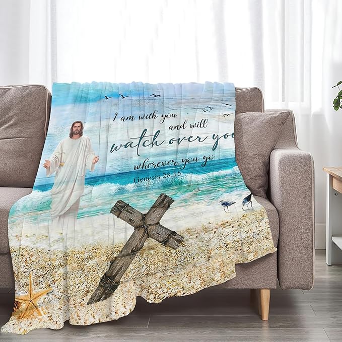 Tijuboni Christian Religious Jesus Throw Blanket Ocean Beach Gifts for Women Men Girls Boys Kids Adults Soft Flannel Fleece Blanket for Couch Sofa Bed Home Decor 60"x80"
