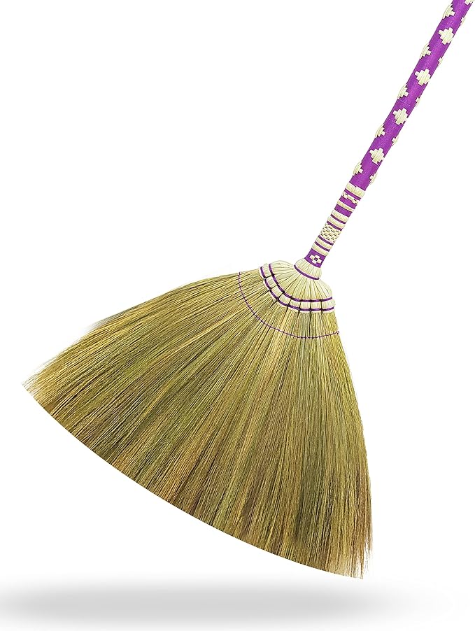 Asian Broom Whisk Broom Thai Natural Grass Broom Solid Wood Handle,Witch Broom, Broom for Floor Cleaning,House, Kitchen, Office (Purple) 40 Inch Asian Straw Broom for Wedding Jumping