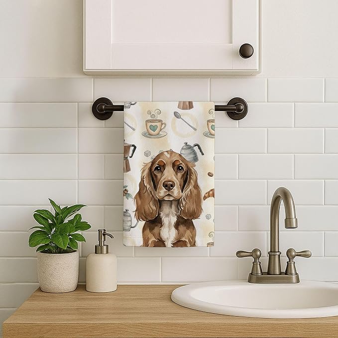 Caroline's Treasures Chocolate Cocker Spaniel Coffee Bar Kitchen Towel Velour Plush Front and Cotton Loop Back Machine Washable