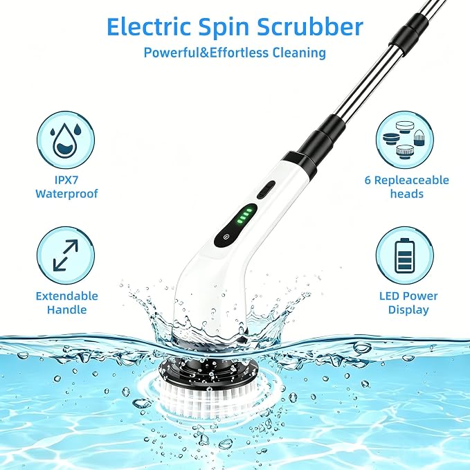 Electric Spin Scrubber, IPX7 6 Replaceable Heads, Telescoping Handle | Cordless & Rechargeable, 2-Speed Powerful Scrubbing, Perfect for Bathroom Kitchen Car Cleaning