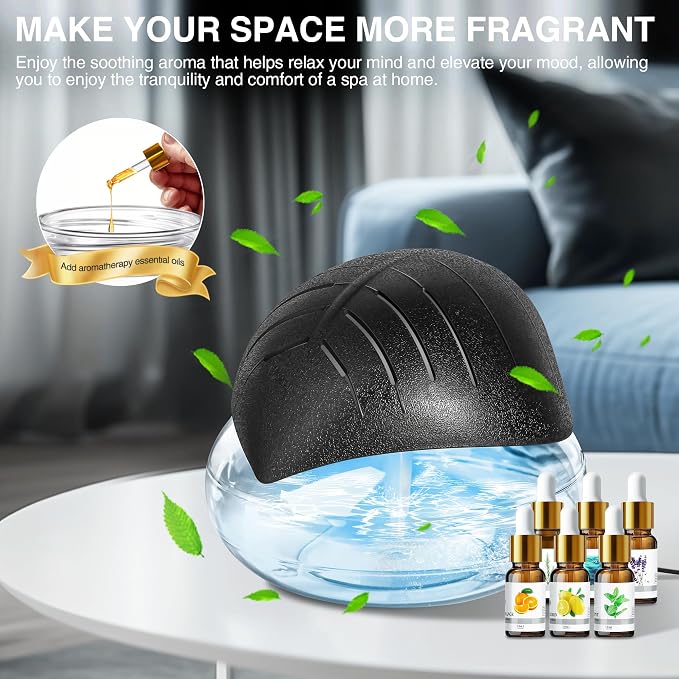 Water Air Purifier for Home with Essential Oil Diffuser & Humidifier, Rainbow Air Washer with LED Mood Light- Includes 6x10ml Essential Oils, Air Revitalizer for Smoke and Pets, Black