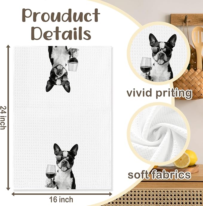 Funny Boston Terrier Kitchen Towels Set of 2, Dog Kitchen Bar Accessories, Dog Chef Gifts for Women Decorative Hand Towels for Kitchen Decor, Boston Terrier Lovers Dish Tea Towel, 16x24 Inch
