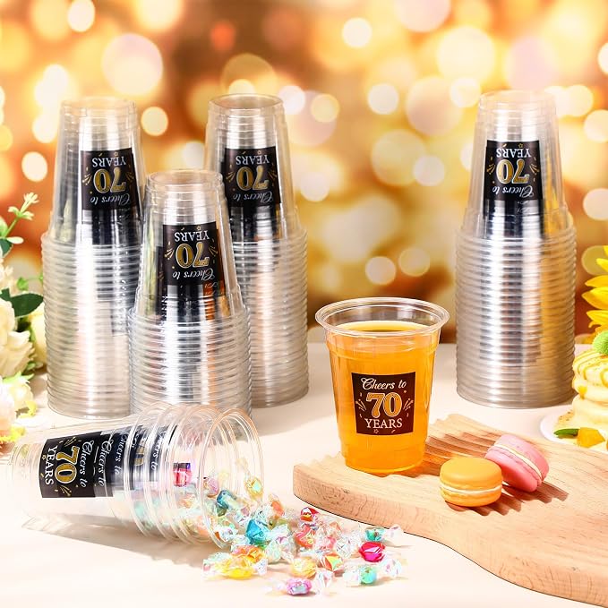 Funnymoom 100 Pack 70th Birthday Cup 12 oz Cheers to 70 Years Happy Birthday Disposable Clear Plastic Cups for Him Men Women Wedding Anniversary Decorations Party Favors