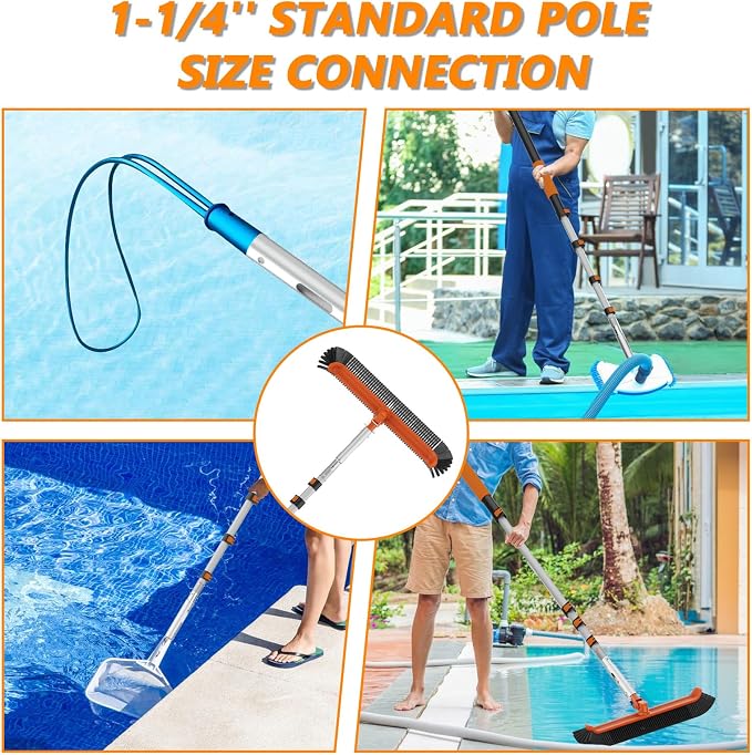 Buyplus 16FT Telescoping Pool Pole with Brush, Heavy Duty Reinforced Aluminum Telescopic Pole Adjusts 4-16 Feet, Includes 19" Swimming Pool Brush Head, Universal Fit for Skimmer Net, Vacuum Head