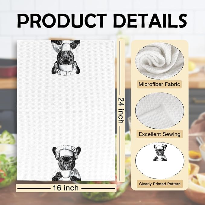 Funny French Bulldog Chef Kitchen Towels Set of 2, Black and White Frenchie Cooking Frenchie Gift Dish Tea Towels for Kitchen, Dog Lover Dining Room Decorative Hand Towel 16x24 Inch