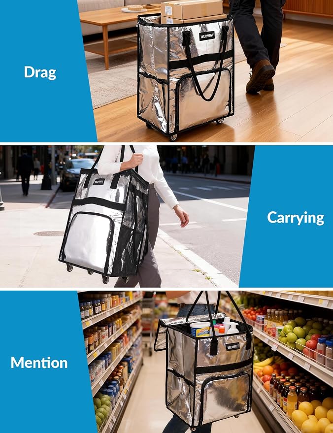 Reusable Rolling Shopping Bag with 5 Wheels, Foldable Grocery Cart Tote with Zipper, Lightweight Heavy-Duty Carry Bag Holds up to 66 lbs for Groceries, Laundry, Camping, Moving, Silver