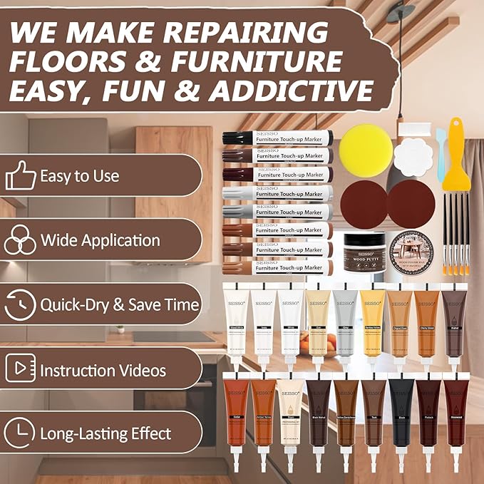 Wood Furniture Repair Kit, 40 Sets-18 Colors Wood Filler Putty and 8 Furniture Touch Up Markers, Vinyl Floor Repair Kit for Scratches Holes, Hardwood Floor Door, Cabinet Table, Bedposts