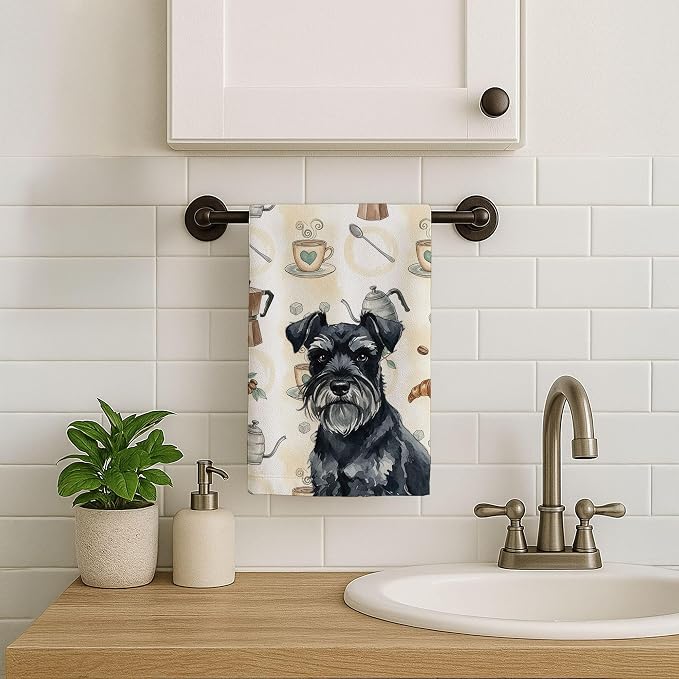 Caroline's Treasures Black Miniature Schnauzer Coffee Bar Kitchen Towel Velour Plush Front and Cotton Loop Back Machine Washable