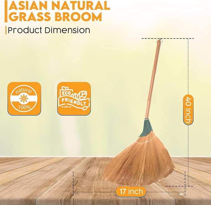 Hand Push Broom - Wooden Handle, Wide Bristle Head, Grass Bristles, Lightweight, Ideal for Stairs, Garage, Lawn, Kitchen, Patio - Includes Storage Bag & Broom Holder - 17" W x 40" H