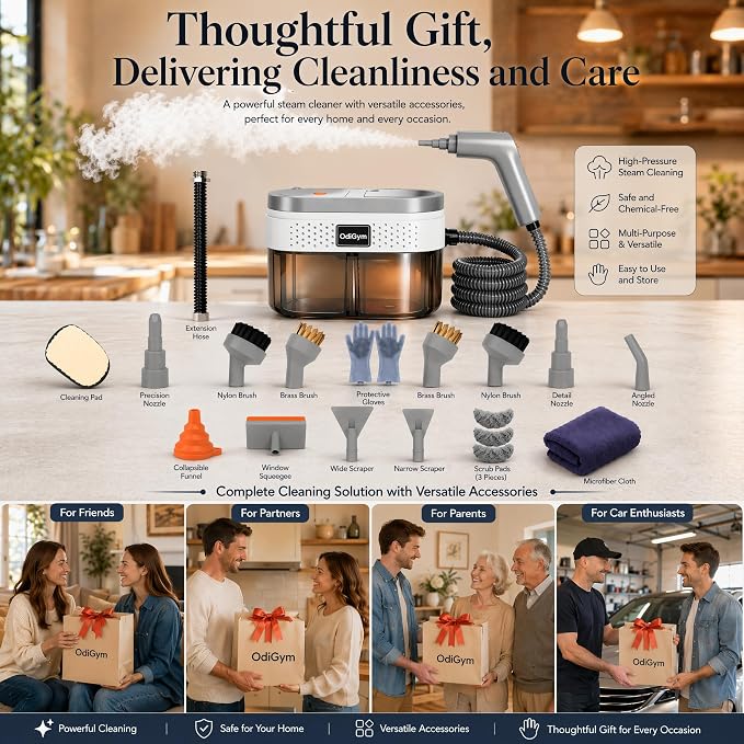 Steam Cleaner for Home, Portable Fast Heat Steamer with 1800ML Large Water Tank, 248°F High Temp Chemical-Free Hot Steam Cleaner for Kitchen, Bathroom, Car, Furniture, Walls, Tile Grout, Carpets.