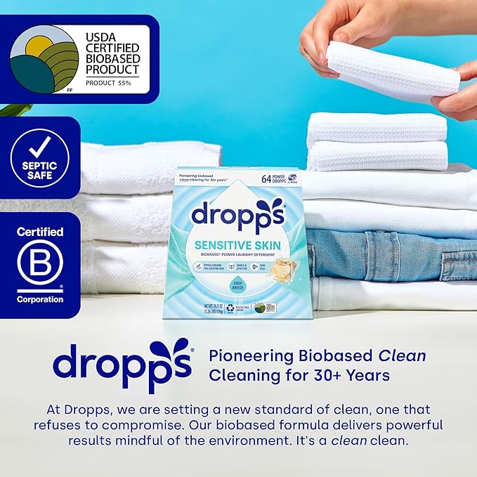 Dropps Sensitive Skin Laundry Detergent Pods, Crisp Breeze (160 Count) - Hypoallergenic & Dermatologist Tested | Dye Free | Laundry Pods for Sensitive Skin | Clean Ingredients | Plastic Free Packaging