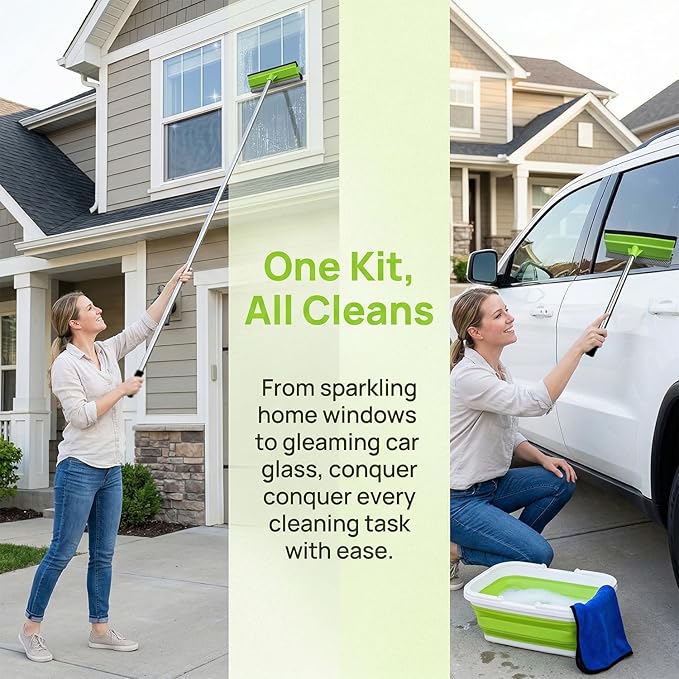 Window Cleaning Kit, Squeegee with Bucket for Windshield Cleaning, Bathroom, Shower Doors, Mirrors, Tiles, and Car Windows (Green)