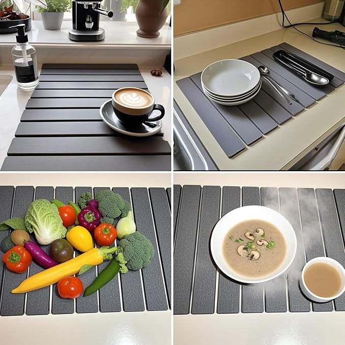 RAIN SPIRIT Large Stone Dish Drying Mat for Kitchen Counter, Diatomaceous Earth Quick Dry Stone Drying , Collapsible Dish Mat Dish Pads for Drying 24"×16" grey