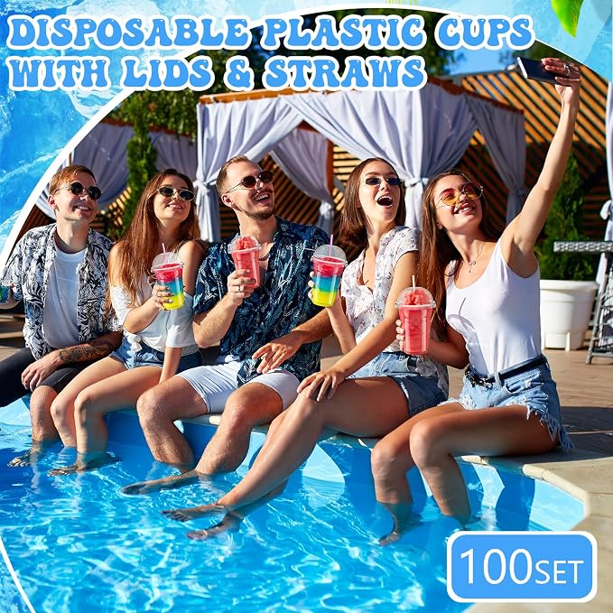 Reallnaive 100 Sets 16 oz Clear Slushie Cups with Dome Lids and Snow Cone Spoon Straws, Disposable Smoothie Cold Drinking Cups for Party Iced Coffee Cold Drinks Juice Milkshake