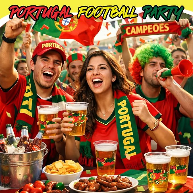 Jingmore 50 Pcs Soccer Plastic Cups 12 oz International Countries Soccer Disposable Plastic Cups Thick Clear Drinkware for Sports Games Party Supplies (Portugal)