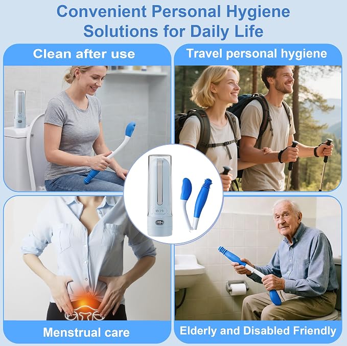 Electric Portable Bidet Toilet Aids Wiper Tool Set, Blue | 2-in-1 travel hygiene kit 15.7" extended length wiping tools 1600mAh Long-lasting Battery USB-C Rechargable IPX7 Waterproof