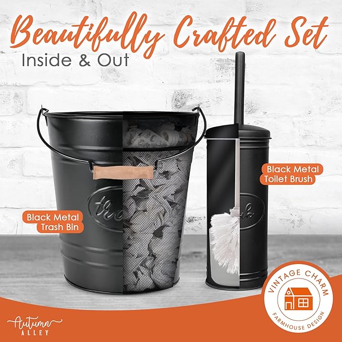 Autumn Alley Farmhouse Bathroom Trash Can and Toilet Brush Set - Rustic Bathroom Accessories for Charming Bathroom Décor, Matte Black Heavy Gauge Metal