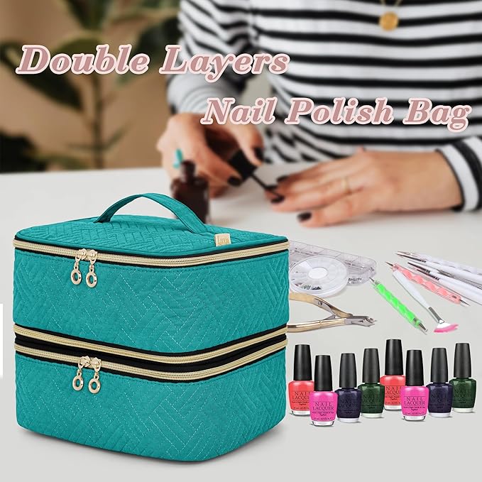 LUXJA Detachable 2 Layers Nail Polish Organizer - Hold 60 Bottles (15ml - 0.5 fl.oz), Nail Polish Case with Tools Storage Pockets (Patented Design), Teal