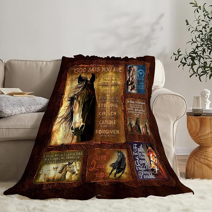 jerkboo Horse Blanket Throws Horse Gifts Christian Horse Throw Blanket for Girls Women Kids Adults Soft Warm Cozy Fleece Blanket for Couch Sofa Bed 60""x50""