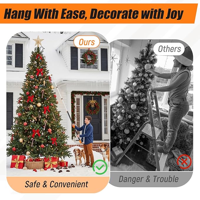7-36 ft Telescopic Extension Pole with Utility Hook, Multi-Purpose Aluminum Pole for Painting, Dusting and New Year Window Cleaning Christmas Lights Installation Without a Ladder (Orange)