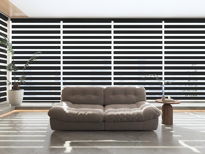MYshade Roller Shades Zebra Blinds for Indoor Windows Cordless Day and Night Light Filtering Dual Layer Roller Window Blinds & Shades, Easy to Install, Size 34" W x 72" H, Black