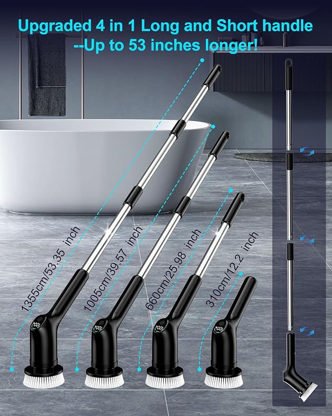 Shower Scrubber with Long Handle for Cleaning Bathroom, Electric Spin Scrubber Cleaning Brush with IPX7 Waterproof & 2Speed, 3Brush Heads, Bathroom Cleaning Supplies for Shower Tub Tile Toilet, Black