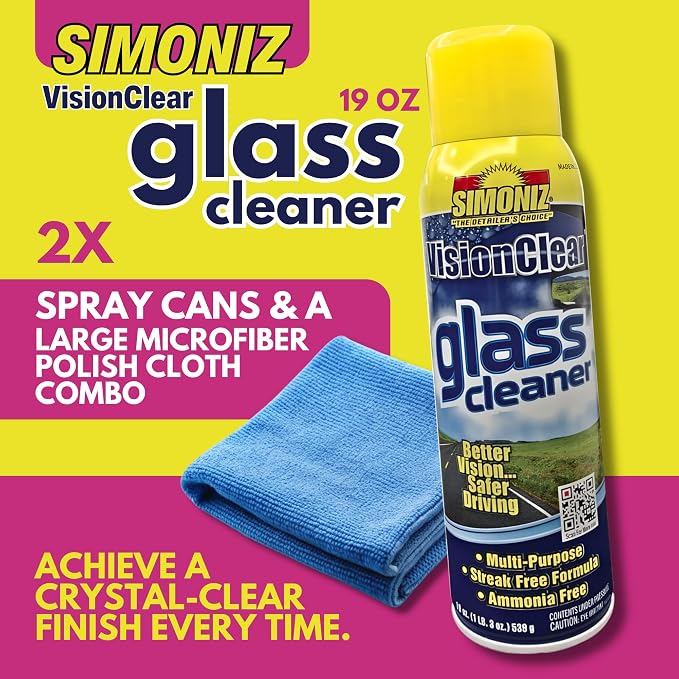 Simoniz Vision Clear Glass Cleaner Streak Free (2-pack) 19oz + LARGE Microfiber Polish Cloth COMBO