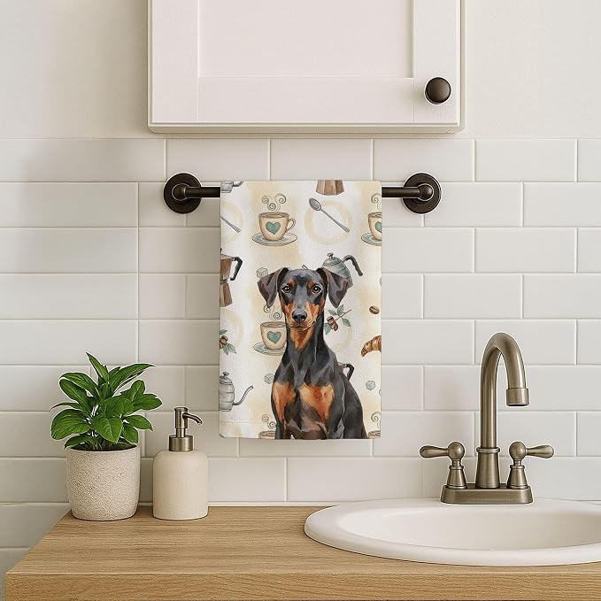 Caroline's Treasures German Pinscher Coffee Bar Kitchen Towel Velour Plush Front and Cotton Loop Back Machine Washable