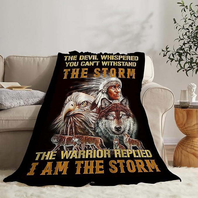 jerkboo Native American Blanket Throws Indian Blanket Wolf Eagle Throw Blanket for Men Women Kids Adults Soft Warm Cozy Fleece Blanket for Couch Sofa Bed 80""x60""