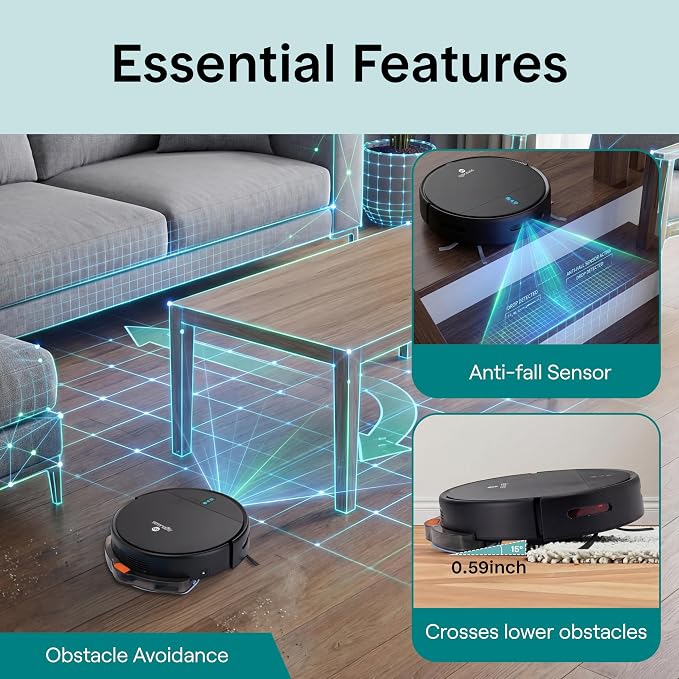 SereneLife Automatic Robot Vacuum Cleaner and Mop Combo, App Control, 3 Cleaning Modes, Smart Anti-Fall Sensors, Self-Charging, High Suction Ideal for Pet Hair, Carpet and Hard Floors, Black