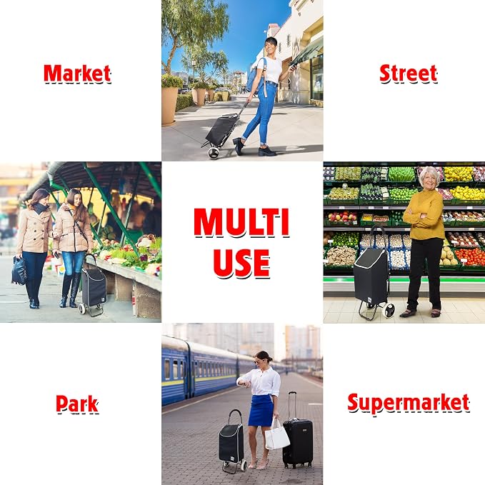 dbest Products Trolley Dolly Sport with Chair β Foldable Grocery Cart on Wheels β Multi Use Rolling Cart with Built-in Seat, Removable Bag, and Hand Truck Dolly Function, Black