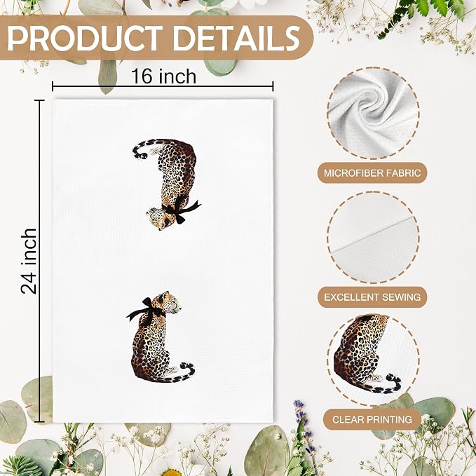 Trendy Leopard Cheetah Print Lucky 8 Ball Bathroom Decor, Preppy Brown Leopard Bow Decor Dish Hand Tea Towels for Bathroom Kitchen Sets of 2, Cheetah Kitchen Towels and Dishcloths, 16x24 Inch