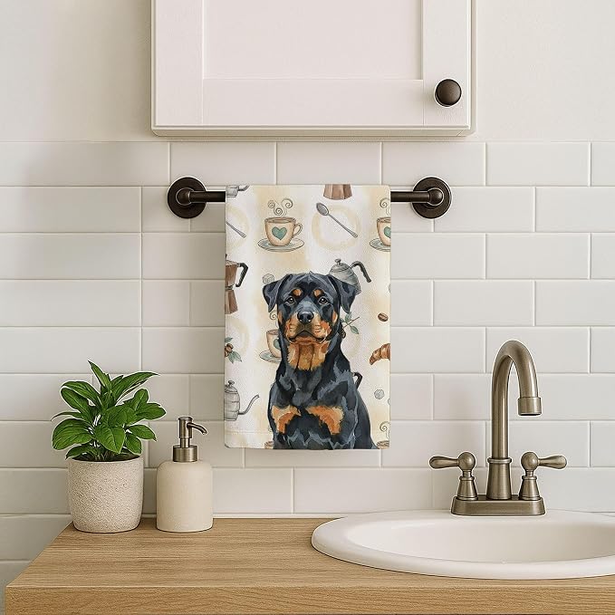 Caroline's Treasures Rottweiler Coffee Bar Kitchen Towel Velour Plush Front and Cotton Loop Back Machine Washable
