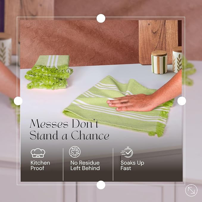 12 Pack Monochrome Stripe Kitchen Towels, Fringed Edges, 16x26 Inch, 100% Cotton, Lint-Free, Absorbent & Washable Dish Towels for Drying Dishes, Everyday Kitchen Use, Lemon Green