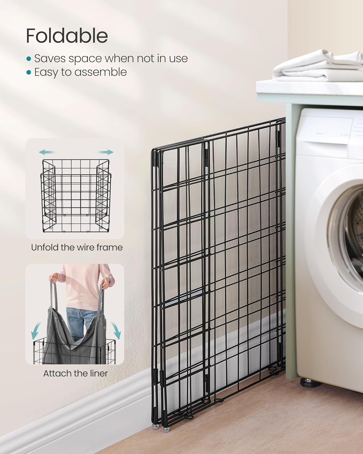 SONGMICS Laundry Hamper, 34.3 Gal. (130L) Laundry Basket, Collapsible Clothes Hamper, Removable and Washable Liner, Metal Wire Frame, for Bedroom Bathroom, Black and Gray ULCB113G01