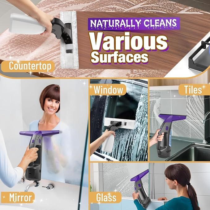 Window Vacuum Squeegee Cordless, 2000Pa Electric Window Cleaner Tool with Power Blade, Handheld Window Cleaning Kit for Streak-Free Glass, Shower Doors, Mirrors, Tiles, Car Windows