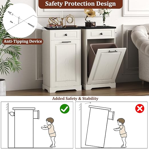 Function Home Trash Can Cabinet, 13 Gallon Tilt Out Trash Cabinet, Wooden Kitchen Garbage Can with Hideaway Drawer, Pet Proof Trash Can Holder for Kitchen Living Room, Antique White with Black Top