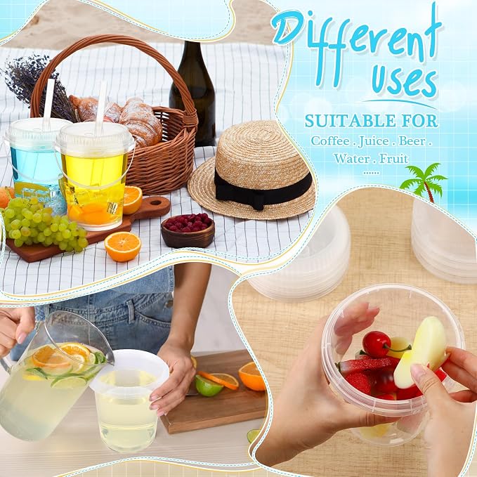 Funnymoom 30 Set 34 oz Clear Drink Buckets with Lids and Straws, Disposable Plastic Rum Cocktail Pails with Handles Large Smoothie Cups for Adult Bachelorette Party Supplies Beach & Catering Events
