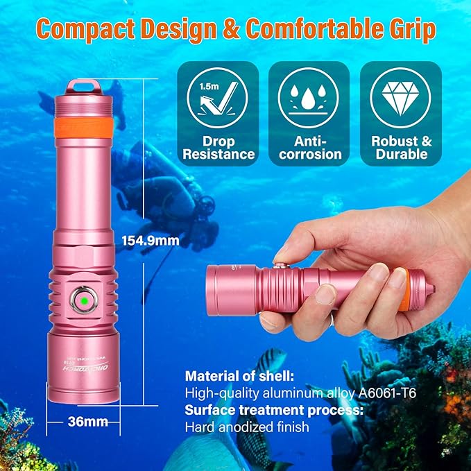 ORCATORCH D710 Scuba Diving Light, 3000 Lumens Super Bright Underwater Flashlight with 6 Degrees Narrow Beam, IP68 Waterproof Night Dive Torch 150 Meters Submersible Light (Pink)