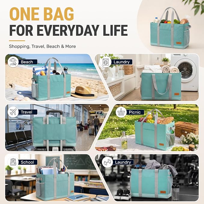 WONDAY Extra Large Utility Tote Bag - Standing Reusable Grocery Bag with Handle, Collapsible Storage for Shopping, Beach