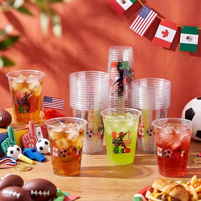 Jingmore 50 Pcs Soccer Plastic Cups 12 oz International Countries Soccer Disposable Plastic Cups Thick Clear Drinkware for Sports Games Party Supplies (Flags)