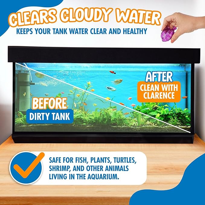 Clarence the Clarifier Fish - 1 pk, Purple - Aquarium Treatment, Clear Cloudy Fresh-Saltwater, Fish-Plant Safe, 10gal Tank Maintenance Each