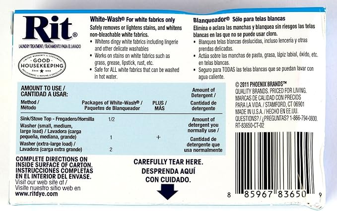 Rit Dye Laundry Treatment White-wash Stain Remover and Whitener Powder, 1-7/8 oz, White, 10-Pack