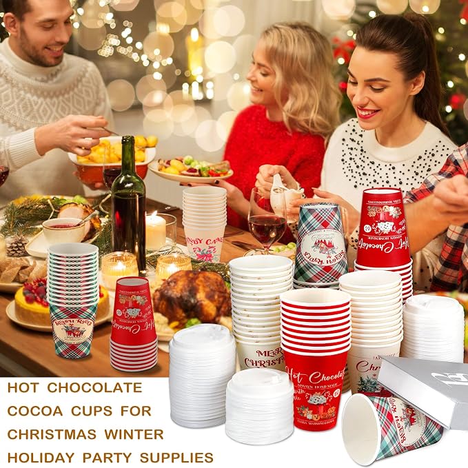Gerrii 100 Set Christmas Paper Cups Disposable 12 oz with Lids Hot Chocolate Cups Coffee Cups Holiday Hot Cups for Hot and Cold Drinks Tea Water Bar Supplies Winter Season (Classic Style)