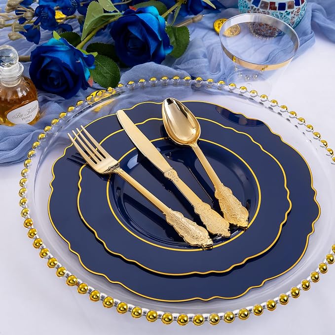 Liacere 350PCS Navy Blue Plastic Plates-Disposable Blue Gold Plates 50guest Plastic Dinnerware include 100Plates,50Pack Pre Rolled Napkins with Silverware 50Cups for Graduation & Independence Day