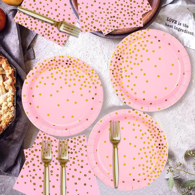 150 PCS Pink and Gold Paper Plates Napkins Forks Party Supplies Serves 50, Golden Dot Disposable Paper Dinnerware 9" Plates for Birthday, Bachelorette, Girl Birthday, Baby Shower