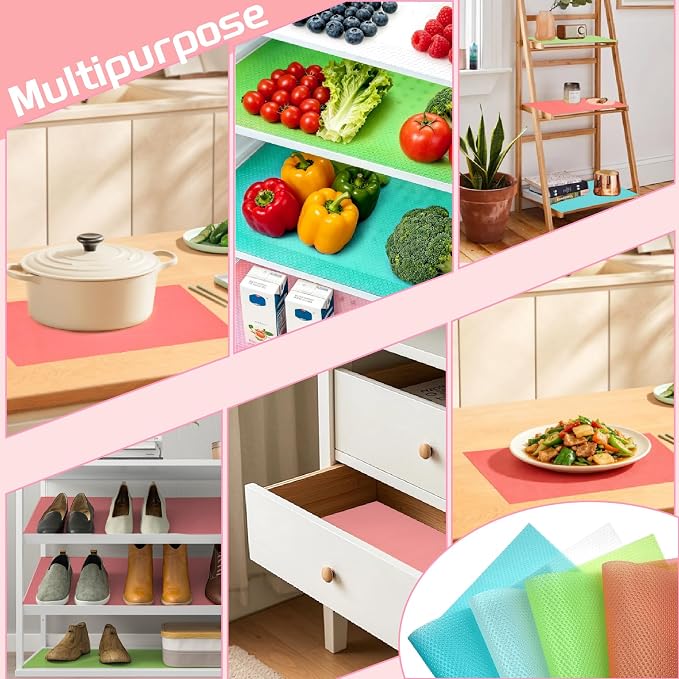 16 Pack Refrigerator Liners - 4 Semi-Translucent Colors Fridge Shelf Mats Non Slip Washable Drawer Cabinet Liners, Waterproof Fridge Shelf Liner, Kitchen Shelf Mats, Easy to Trim & Clean